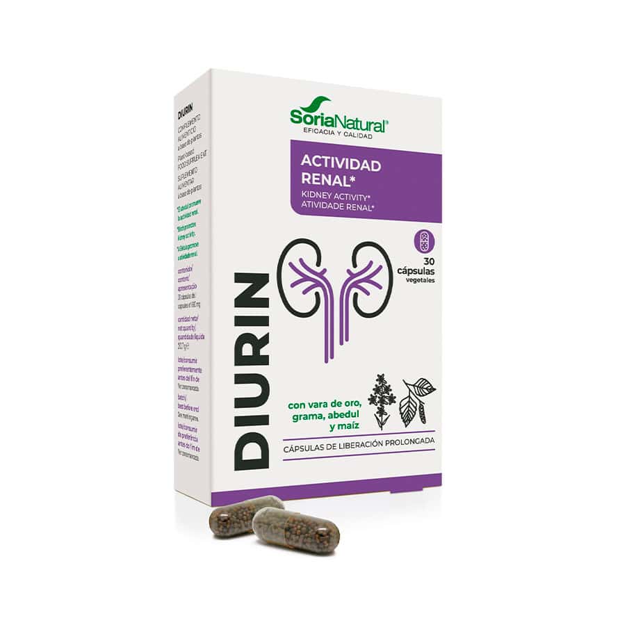 Frasco de C-10 Diurin con 30 cápsulas de Soria Natural, un suplemento natural para el apoyo renal y la eliminación de líquidos.