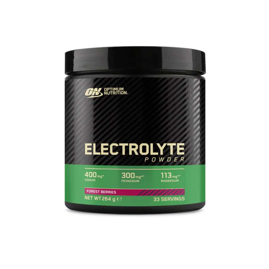 Polvo electrolítico con sabor a frutos del bosque de Optimum Nutrition en un envase de 264 g para la hidratación y la reposición de minerales.