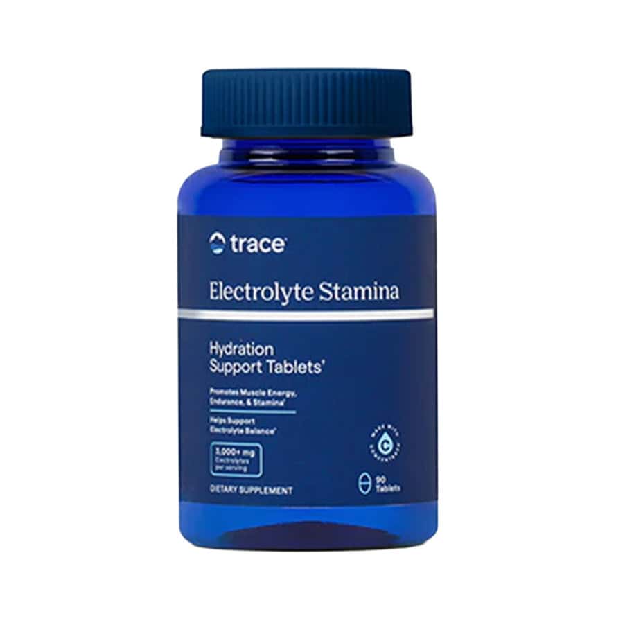 Electrolyte Stamina 90 comprimidos Trace Minerals em frasco com fórmula de eletrólitos e minerais iónicos.