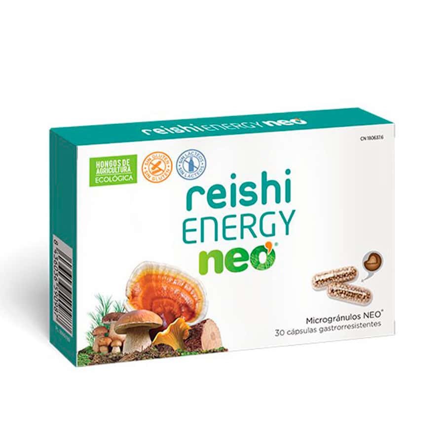 Frasco do Reishi Energy Neo com 30 cápsulas da NeoVital Health, suplemento natural para aumentar a energia e reduzir a fadiga.