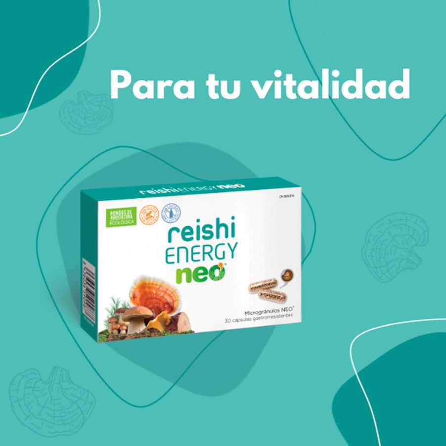 Frasco do Reishi Energy Neo com 30 cápsulas da NeoVital Health, suplemento natural para aumentar a energia e reduzir a fadiga.