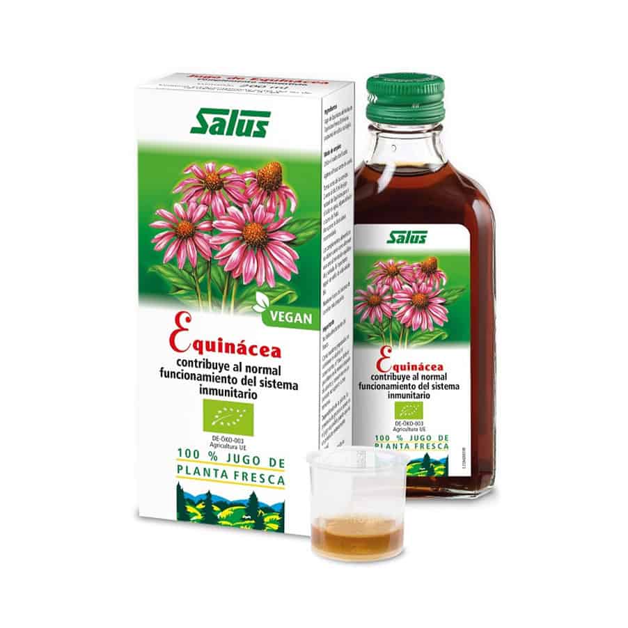 Salus Organic Echinacea Liquid Supplement 200ml en botella de vidrio ámbar con etiqueta natural, indicado para fortalecer el sistema inmunológico.