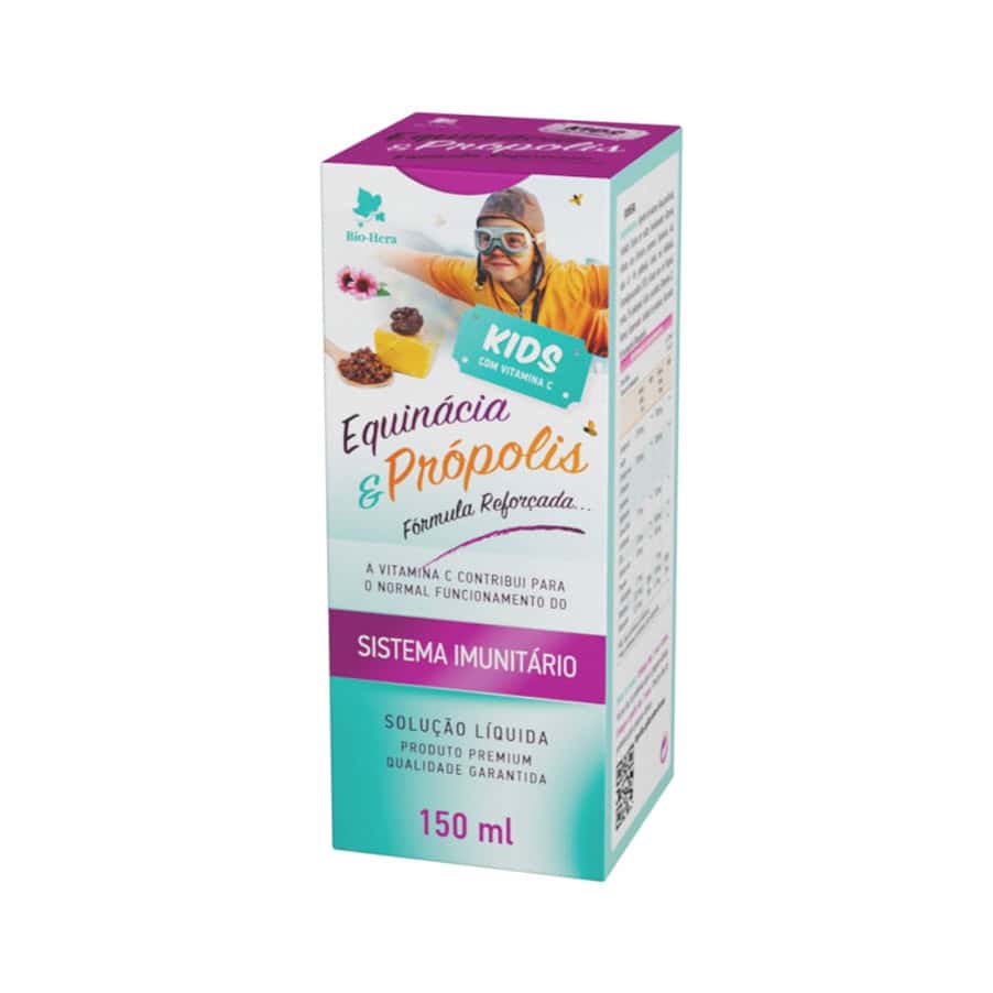 Xarope infantil BioHera de equinácea e própolis em frasco de 150 ml para reforço imunitário.