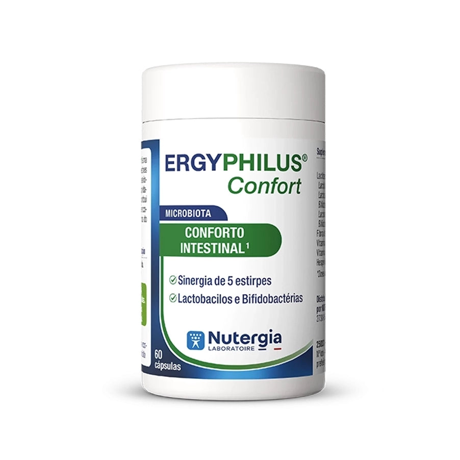 ErgyPhilus Confort 60 cápsulas Nutergia, suplemento alimentar com 5 estirpes vivas de lactobacilos e bifidobactérias, vitamina B3 e vitamina B6 para o equilíbrio da flora e conforto intestinal.
