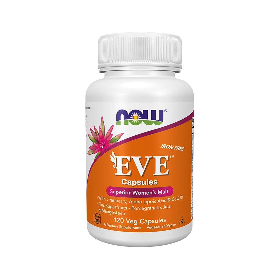 EVE Multivitaminas y Minerales 120 Cápsulas NOW Foods, un suplemento multivitamínico sin hierro con vitaminas, minerales, arándano rojo, ácido alfa lipoico y CoQ10 para mujeres adultas.