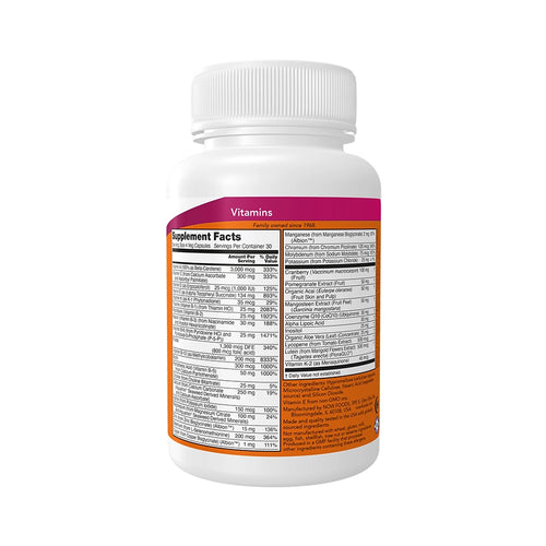 EVE Multivitaminas y Minerales 120 Cápsulas NOW Foods, un suplemento multivitamínico sin hierro con vitaminas, minerales, arándano rojo, ácido alfa lipoico y CoQ10 para mujeres adultas.