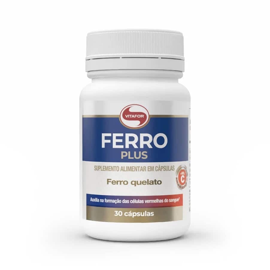Ferro Plus, un complemento alimenticio de la marca Vitafor, se presenta en un envase de 30 cápsulas con una fórmula que contiene hierro, vitamina C y ácido fólico para favorecer la formación de glóbulos rojos y reducir la fatiga.