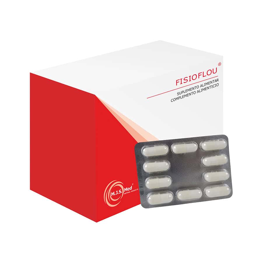 Fisioflou 60 cápsulas MJS Med em frasco, suplemento para proteção hepática e apoio digestivo.