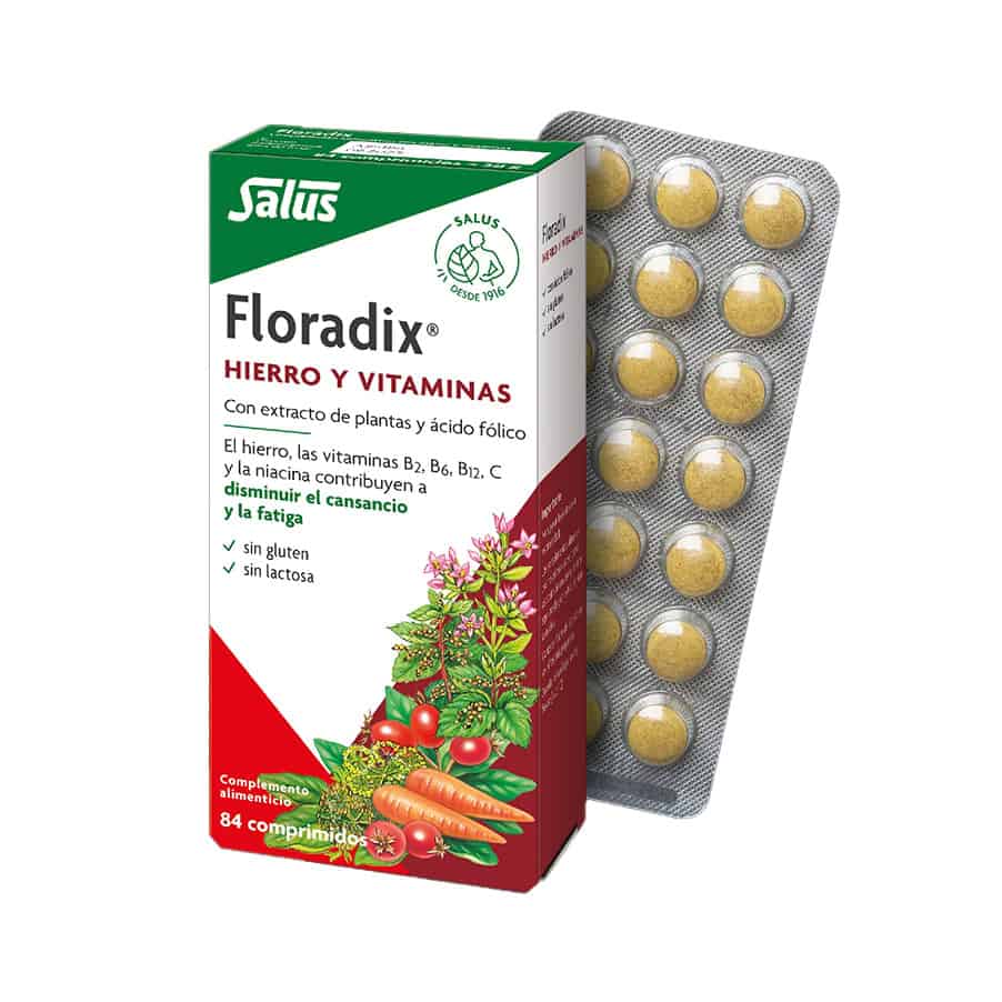 Embalagem do Floradix com 84 comprimidos da Salus, suplemento de ferro natural para combater a fadiga e promover vitalidade.
