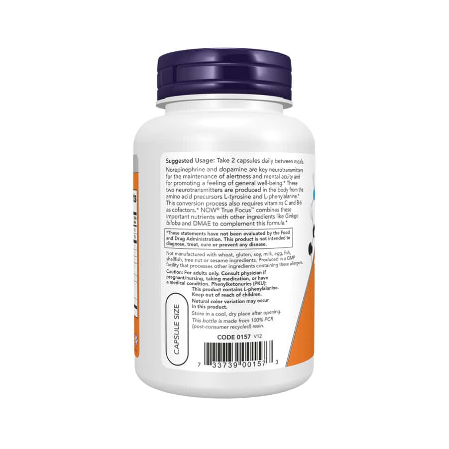True Focus 90 cápsulas Now Foods, suplemento alimentar em cápsulas para foco mental e desempenho cognitivo