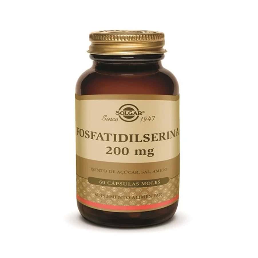 Fosfatidilserina Solgar 200mg em frasco de 60 cápsulas para apoio cognitivo e memória