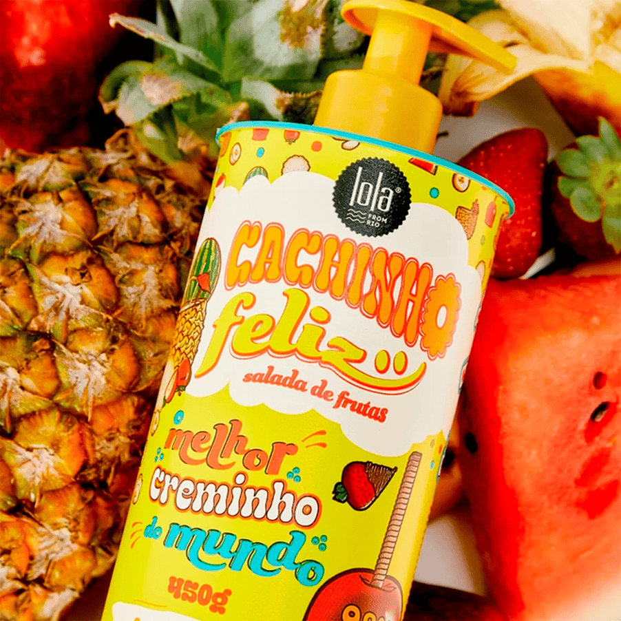 Pote do Cachinho Feliz Salada de Frutas Creme de Pentear 450g da Lola, hidratação e definição para cabelos cacheados e crespos.