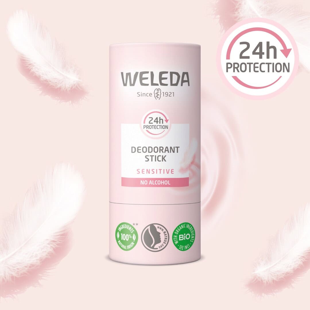 Desodorizante em Stick 24h Pele Sensível 50gr Weleda com fórmula suave de origem natural.