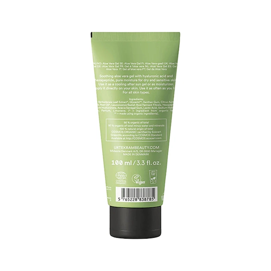 Gel Calmante de Aloe Vera 100ml Urtekram, cuidado vegan com aloe vera, ácido hialurónico e hexapeptide-11 para hidratar e suavizar a pele.