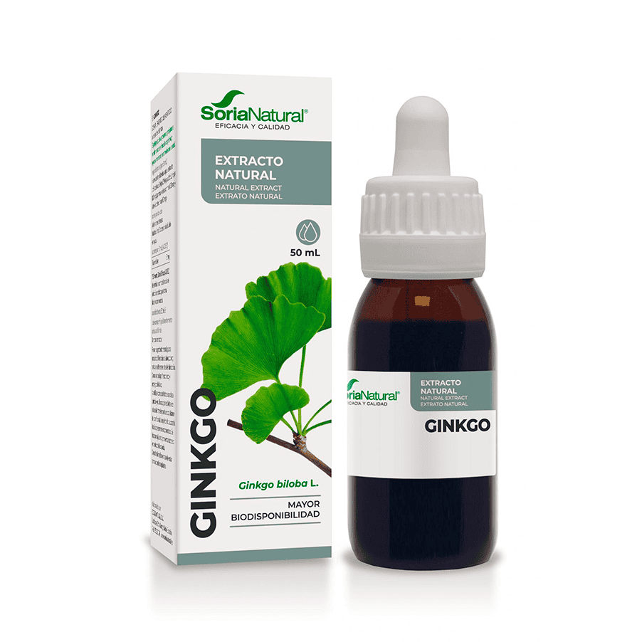 Frasco do Extrato Natural de Ginkgo Biloba 50ml da Soria Natural, suplemento líquido para suporte cognitivo e circulação.