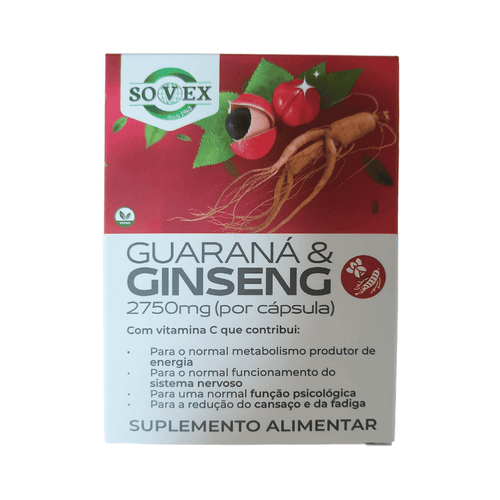 Cápsulas naturales de guaraná y ginseng, un suplemento energético y revitalizante para aumentar la vitalidad y reducir la fatiga física y mental.