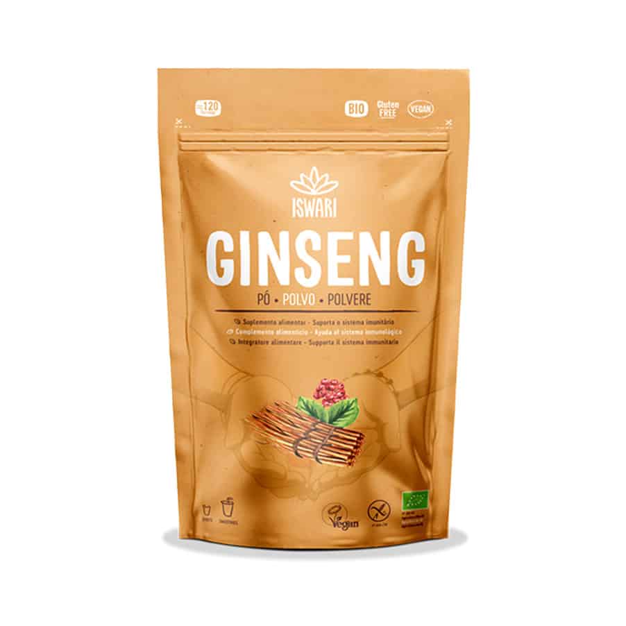 Ginseng siberiano em pó Iswari em embalagem de 150g para preparação de bebidas e receitas funcionais