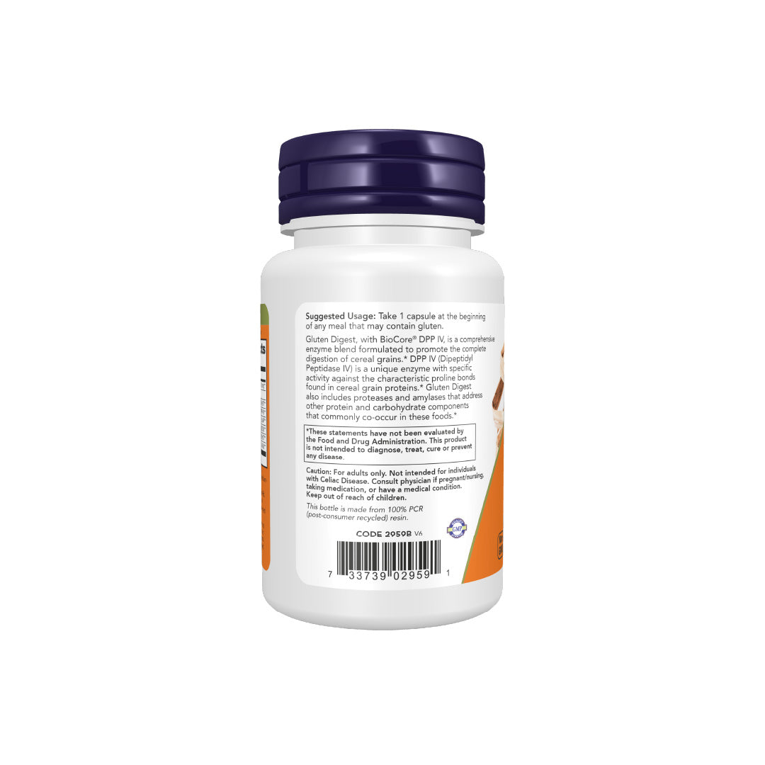 Gluten Digest Enzymes 60 Cápsulas Now Foods com enzimas digestivas para apoio à digestão de cereais com glúten.