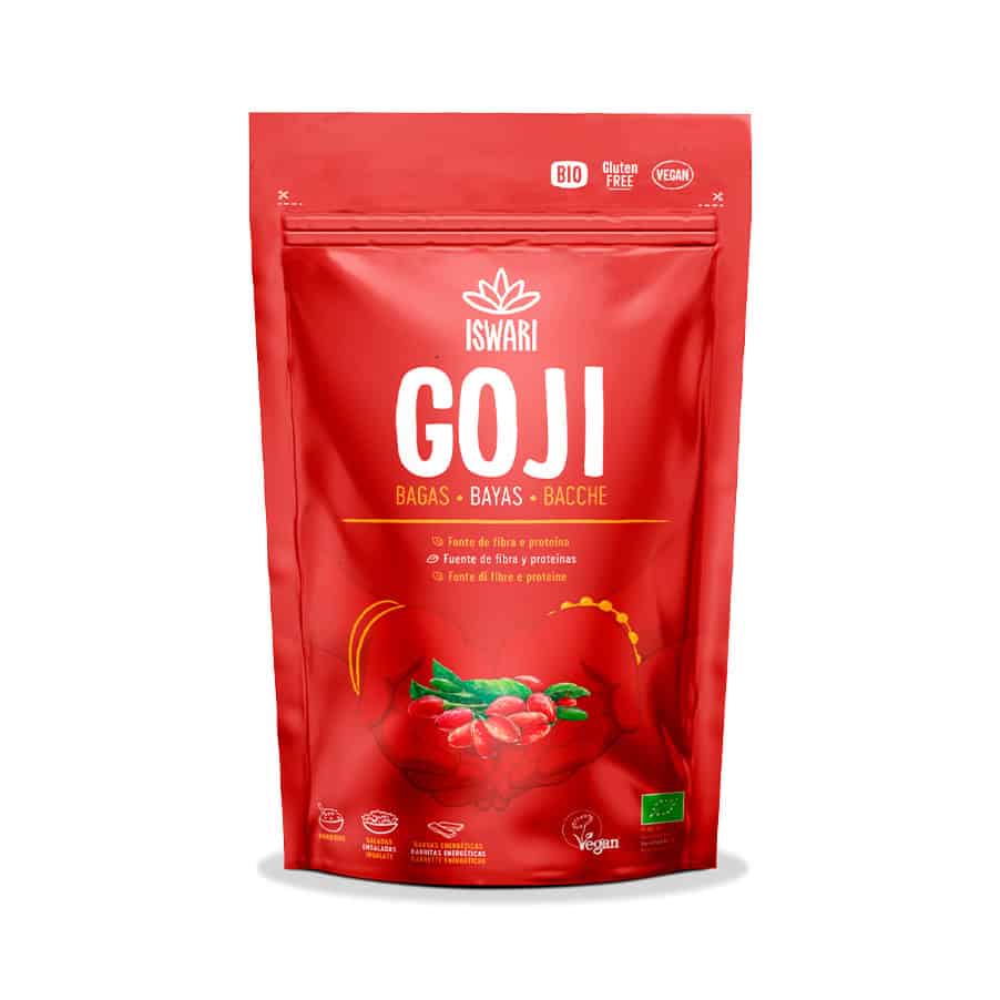 Bagas Goji Bio Iswari em embalagem de 125g, frutos vermelhos desidratados ricos em antioxidantes, ideais para snacks saudáveis ou para adicionar a cereais, iogurtes e receitas.