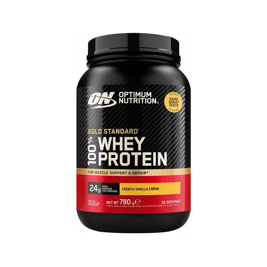 Gold Standard 100% Whey Creme de Baunilha 780gr Optimum Nutrition, proteína whey em pó para apoio ao crescimento e manutenção da massa muscular.