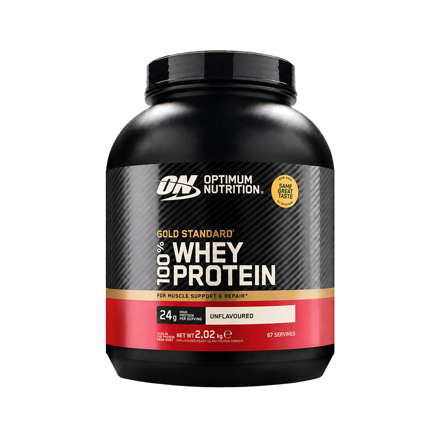 Gold Standard 100% Whey Sem Sabor 2.01kg Optimum Nutrition, proteína whey em pó versátil para apoio ao crescimento e manutenção da massa muscular.