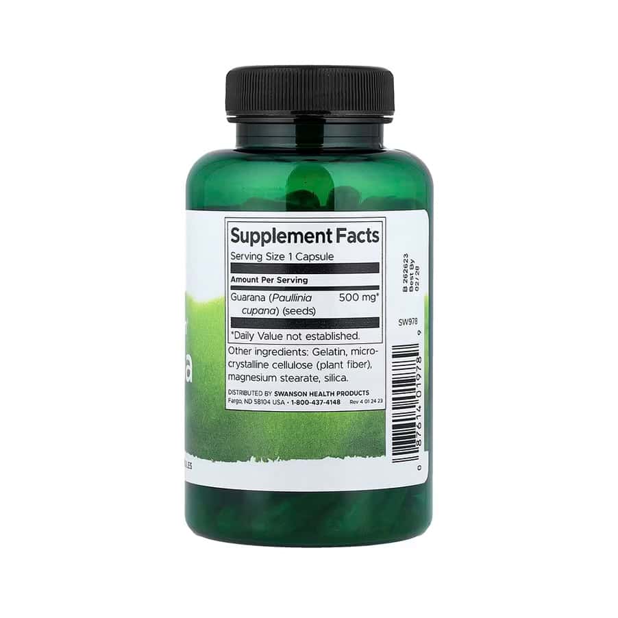 Guaraná 500 mg Swanson em cápsulas, frasco com 100 cápsulas para apoio à energia, foco e desempenho físico