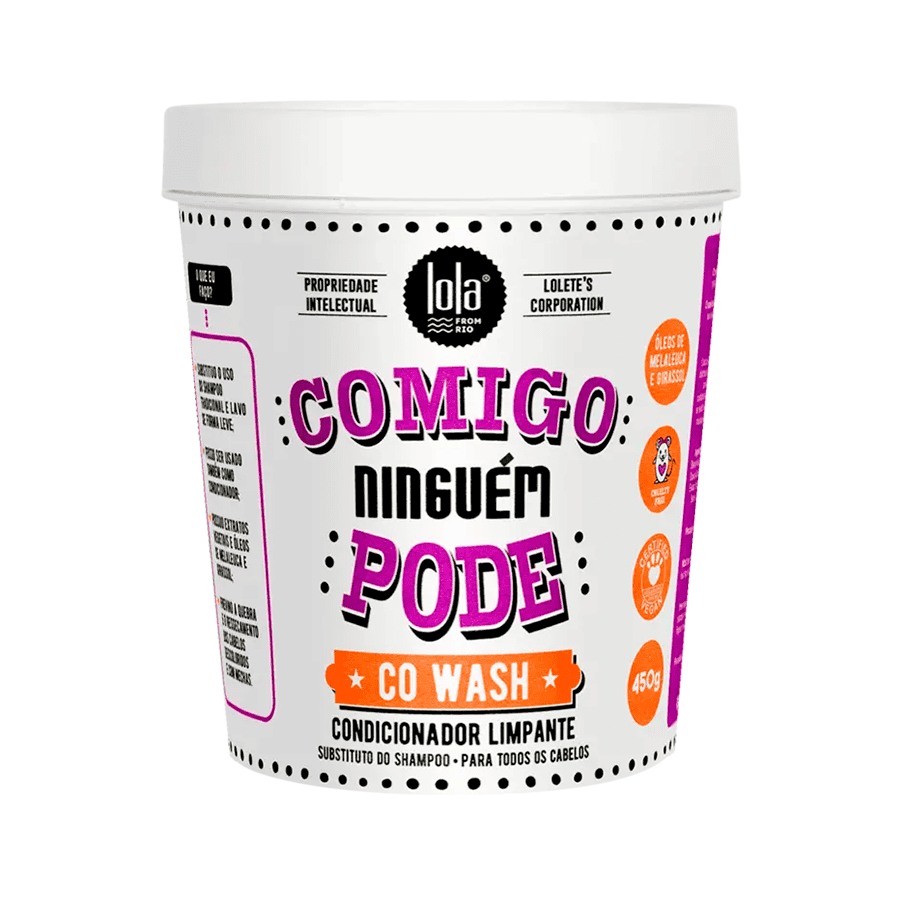 Pote do Comigo Ninguém Pode Co-Wash Condicionador Limpante 450g da Lola, fórmula suave para limpeza e hidratação dos cabelos