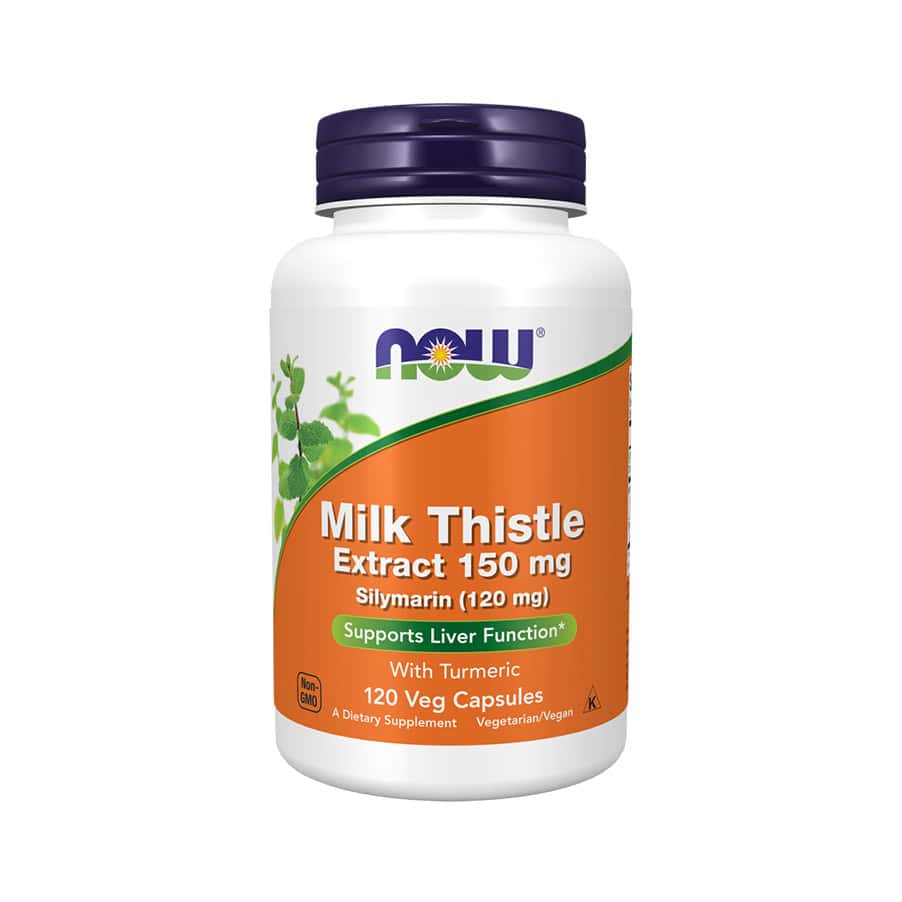 Frasco de suplemento Cardo Mariano Extrato 450mg da marca Now Foods com 120 cápsulas. Etiqueta em laranja e branco com destaque para "Milk Thistle Extract" e Supports Liver Function.