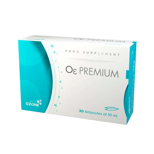 Activ Ozone O3 Premium, frasco con 30 ampollas, un suplemento con aceite ozonizado para el apoyo antioxidante e inmunológico.
