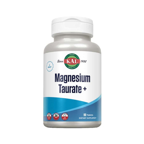 Complemento alimenticio de magnesio y taurina de la marca Kal, en un frasco que contiene 90 comprimidos. Esta combinación de magnesio y taurina contribuye a la función del sistema nervioso y muscular.
