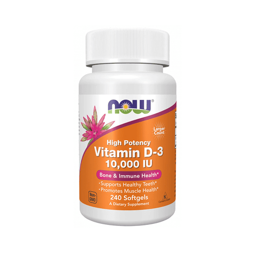 Suplemento dietético de vitamina D3 de 10000 UI en cápsulas, que favorece la inmunidad, la salud de los huesos y los músculos.