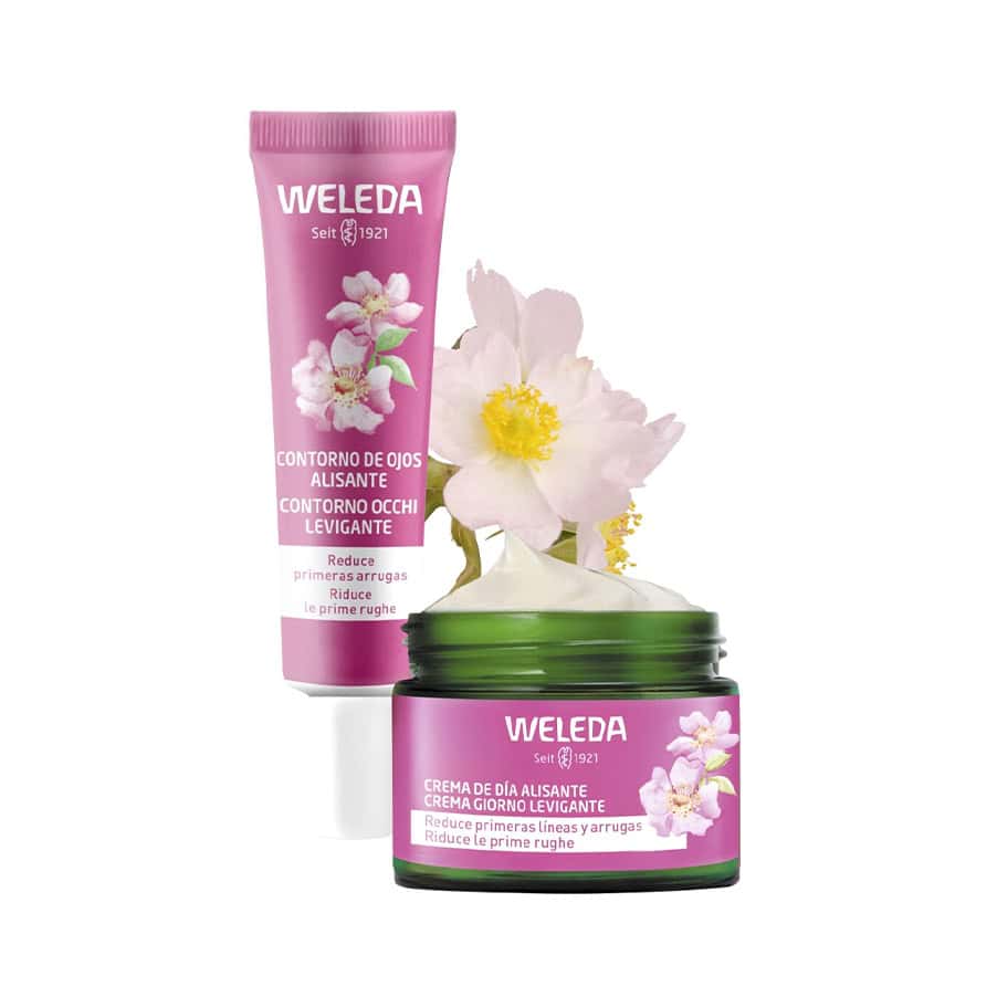 Pack Weleda de cuidado facial alisante e iluminador, com creme e sérum em embalagens naturais.