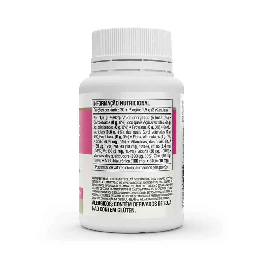 Suplemento alimentar Hyaluronic Hair da marca Vitafor em embalagem com 60 cápsulas, fórmula com ácido hialurónico, biotina e zinco para fortalecer cabelo, pele e unhas