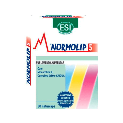 Normolip 5 frascos que contienen 30 cápsulas de ESI, un suplemento para el control del colesterol y la salud cardiovascular.