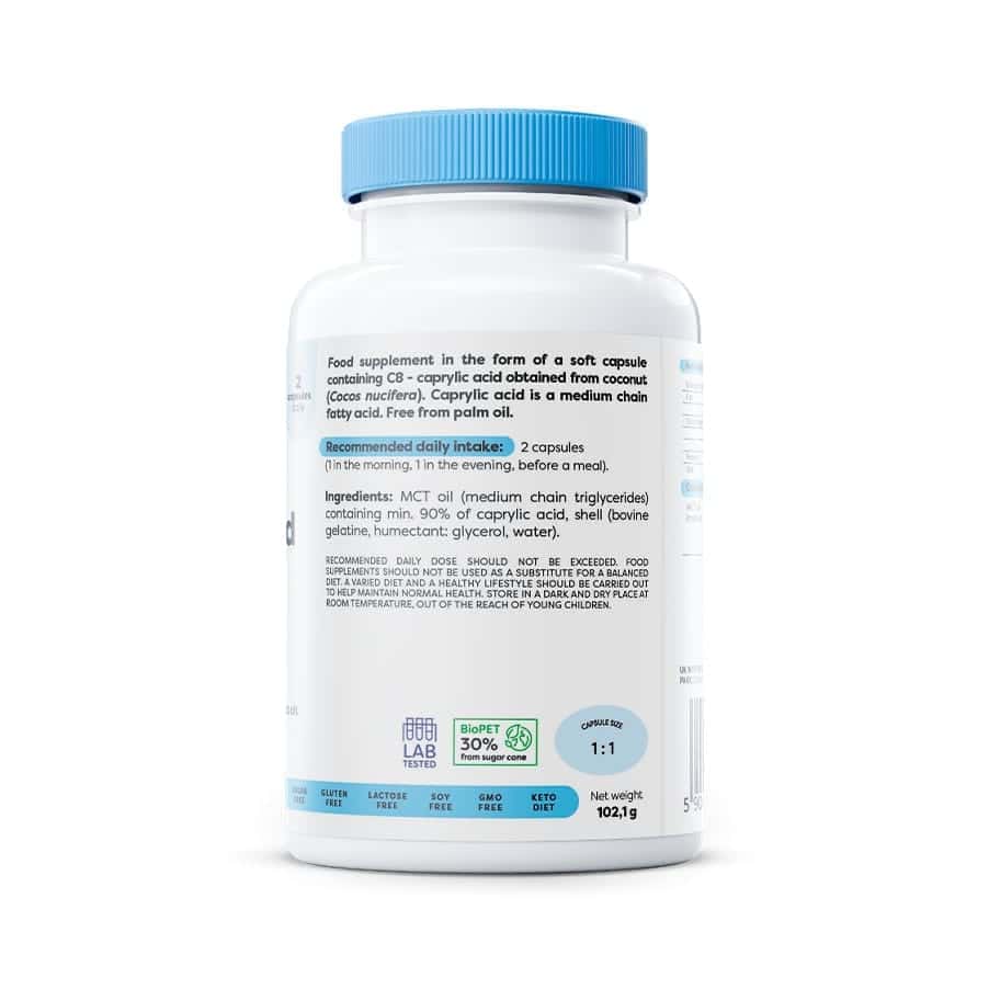 Suplemento alimentar em cápsulas moles contendo 1200 mg de ácido caprílico, um ácido gordo de cadeia média derivado do óleo de coco. Auxilia na saúde digestiva e no suporte energético.