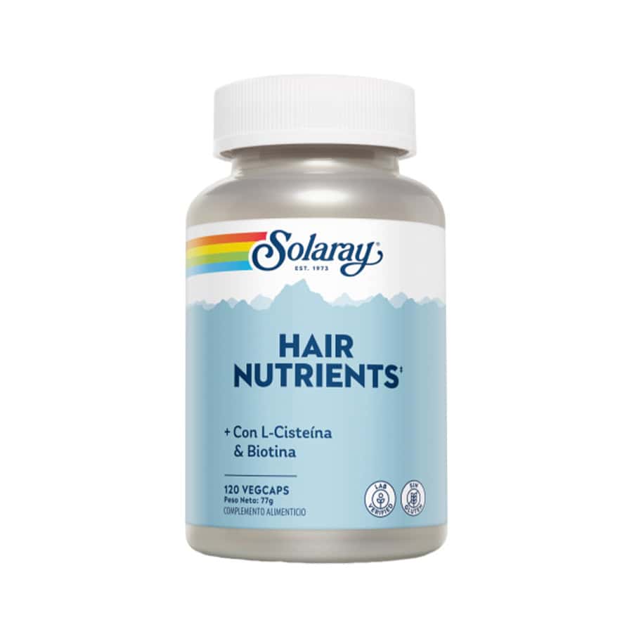 Frasco de suplemento Solaray Nutrientes Capilares com 60 cápsulas, fórmula com biotina, zinco e vitaminas para fortalecer o cabelo e promover o crescimento saudável.