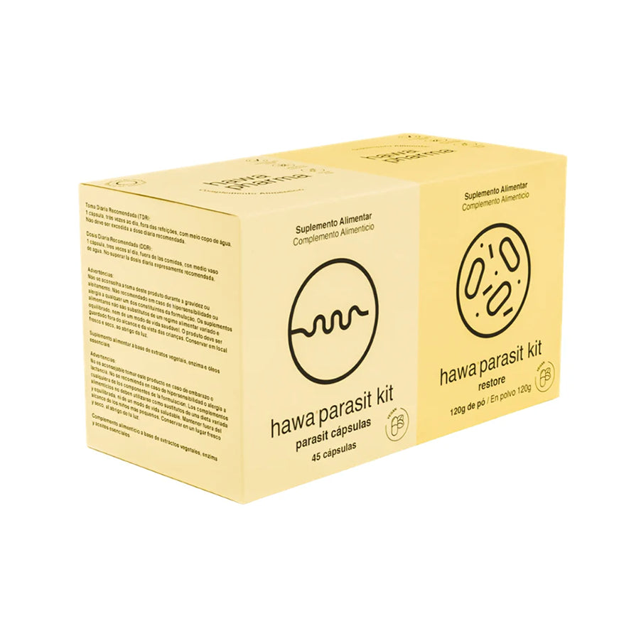Hawa Parasit Kit Hawa Pharma, conjunto de suplementos alimentares com 45 cápsulas e 120 g de pó Hawa Restore.