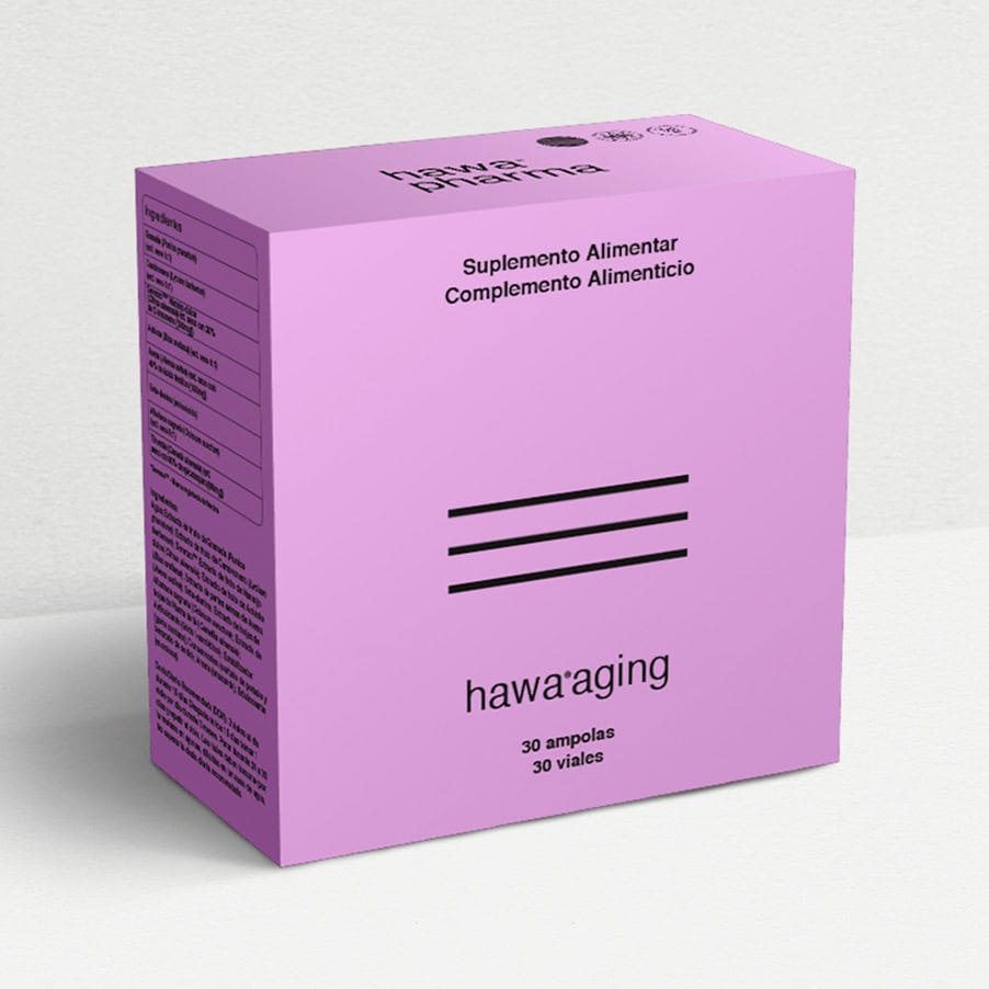 Hawa Aging da Hawa Pharma em ampolas bebíveis, suplemento alimentar para apoio antioxidante e bem-estar geral.