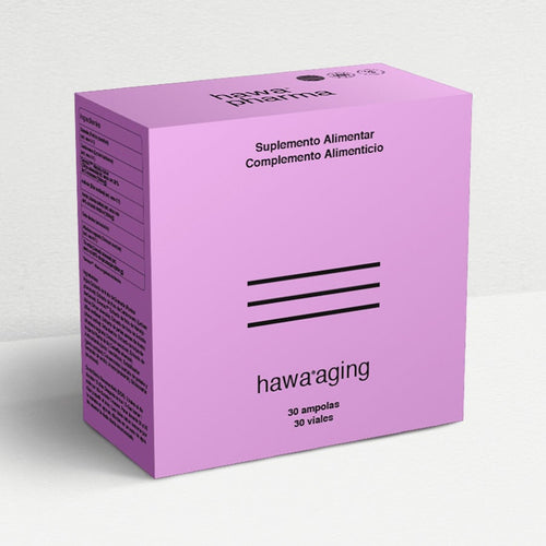 Hawa Aging da Hawa Pharma em ampolas bebíveis, suplemento alimentar para apoio antioxidante e bem-estar geral.