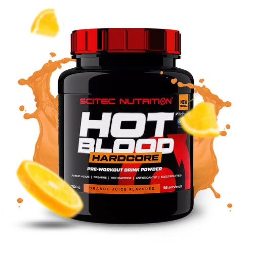 Hot Blood Hardcore da Scitec Nutrition em embalagem, suplemento pré-treino para nutrição desportiva