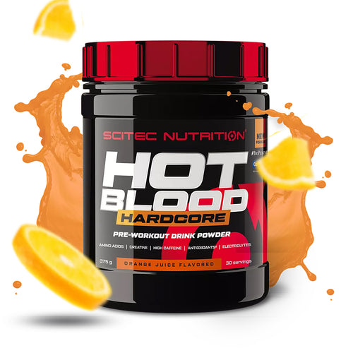 Hot Blood Hardcore da Scitec Nutrition em embalagem, suplemento pré-treino para nutrição desportiva