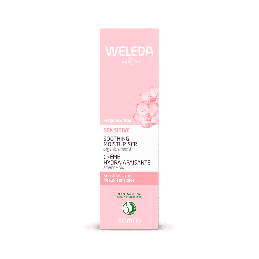 Creme facial calmante de amêndoa Weleda 30ml para peles sensíveis, nutre e protege a pele do rosto.