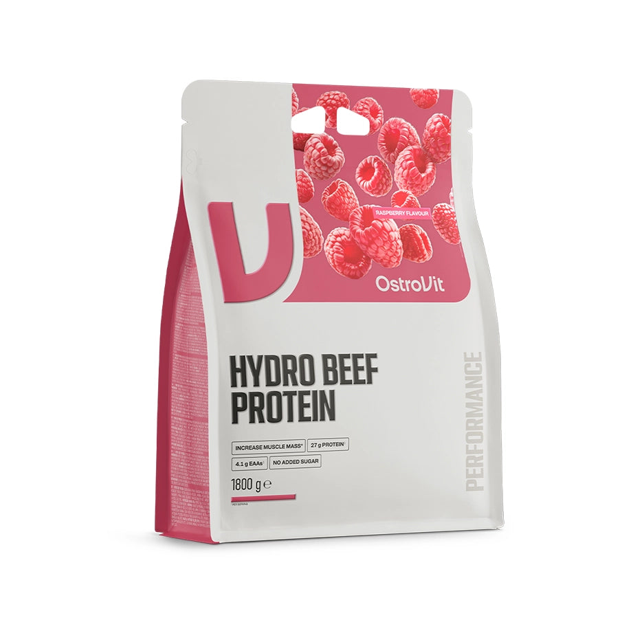 Hydro Beef Protein Framboesa 1800gr OstroVit, proteína hidrolisada de carne bovina em pó com sabor a framboesa.