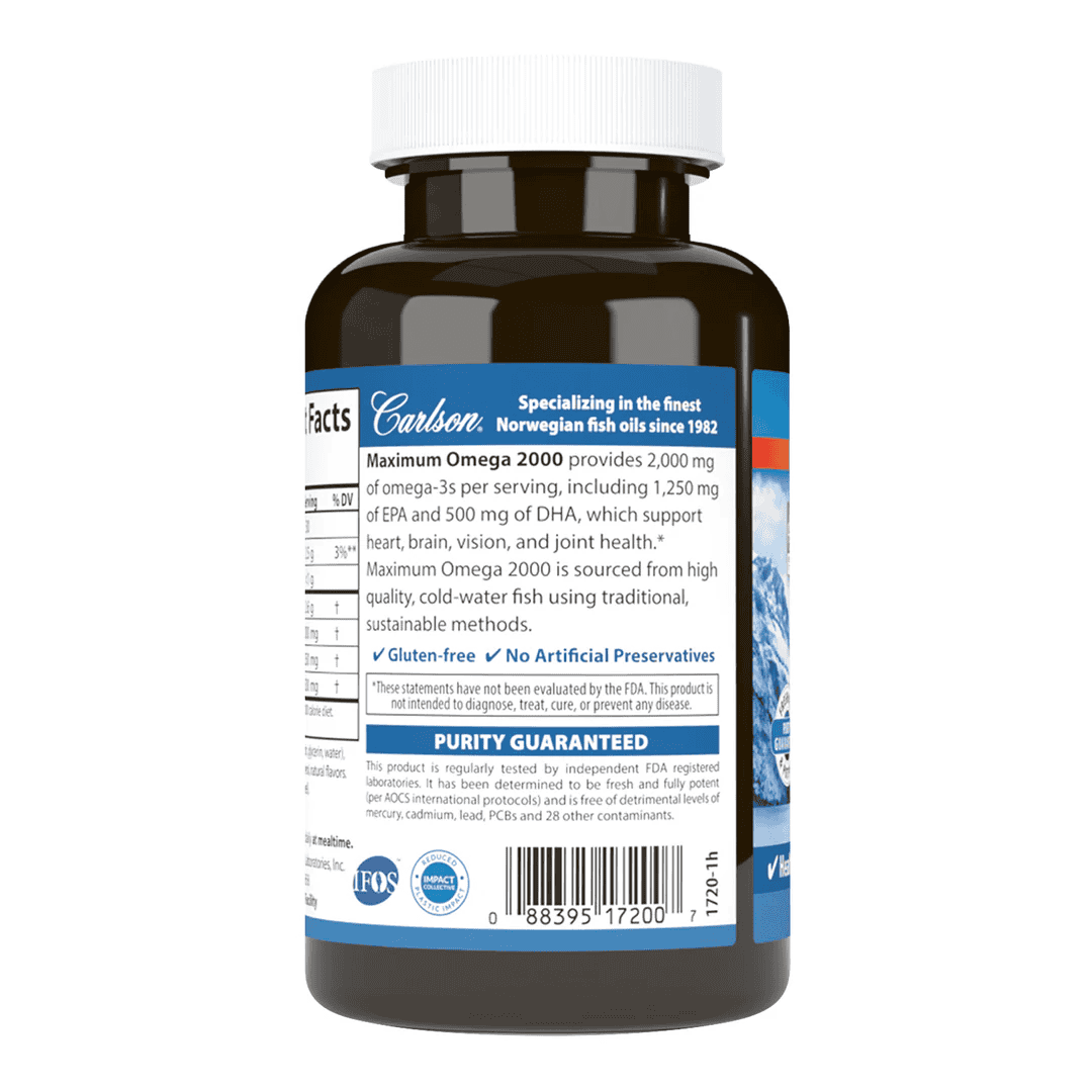 Maximum Omega 2000 60 cápsulas Carlson Labs suplemento de óleo de peixe concentrado com 2000 mg de ómega-3 por dose