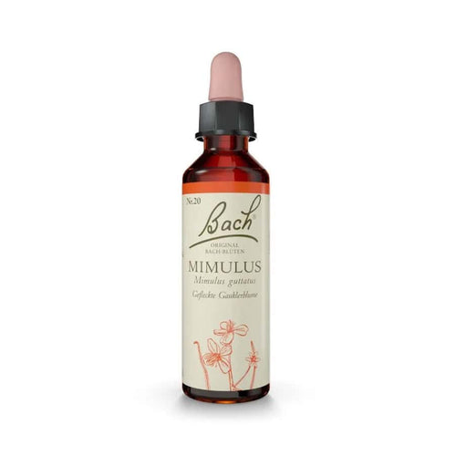 Mimulus Bach Flower Remedy Original en un frasco de 20 ml, una esencia floral tradicional asociada con el bienestar emocional.