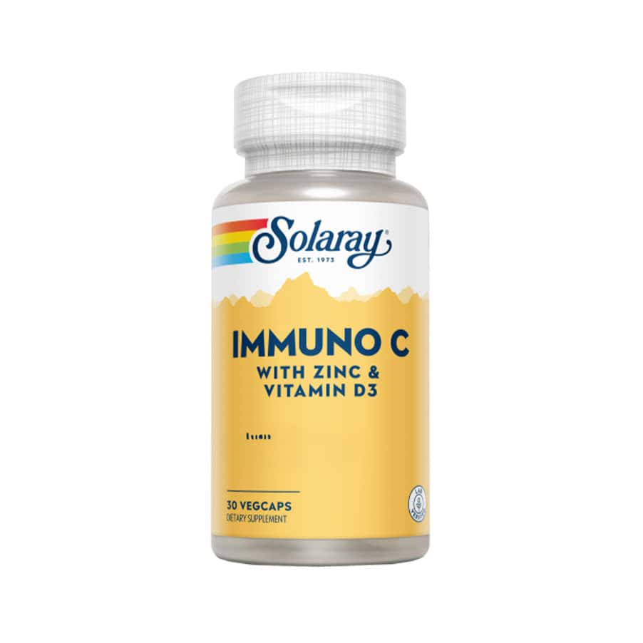 Suplemento Solaray Inmuno C en frasco con zinc y vitamina D3, 30 cápsulas, fórmula mejorada para la inmunidad y la protección antioxidante.