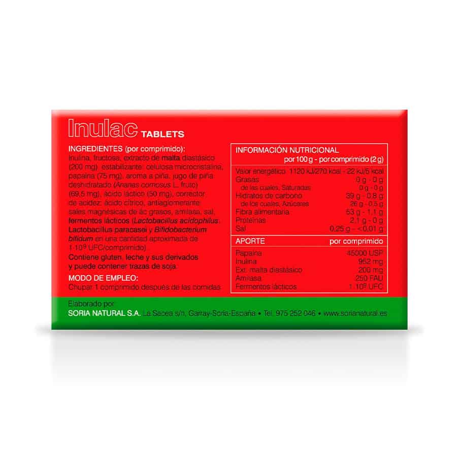 Embalagem do Inulac com 30 comprimidos da Soria Natural, suplemento digestivo para equilíbrio da flora intestinal.