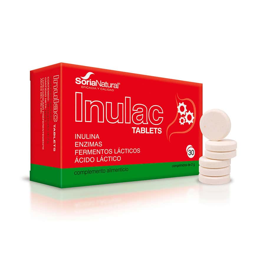 Embalagem do Inulac com 30 comprimidos da Soria Natural, suplemento digestivo para equilíbrio da flora intestinal.