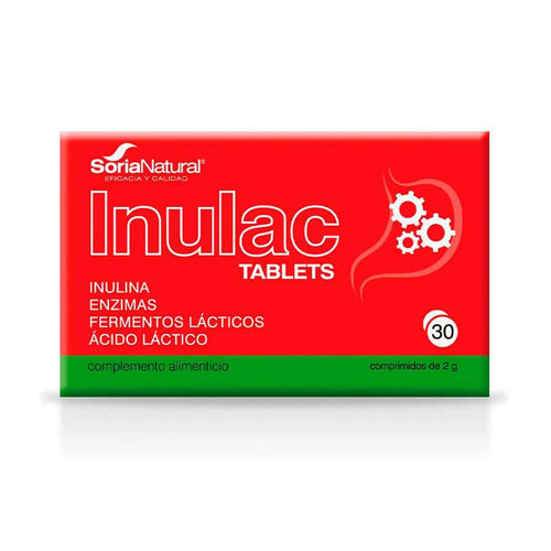Envase de Inulac que contiene 30 comprimidos de Soria Natural, un complemento digestivo para equilibrar la flora intestinal.