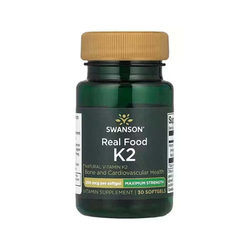 Cápsulas de vitamina K2 natural Swanson de 200 mcg, frasco de 30 cápsulas para el apoyo de la salud ósea y cardiovascular.